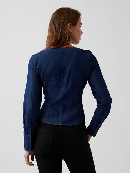 Koyu Mavi Denim Scoop Neck Gömlek