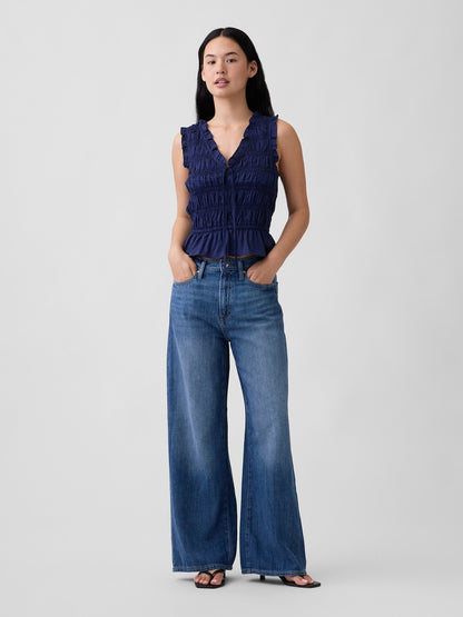 Lacivert Smocked Kolsuz Bluz