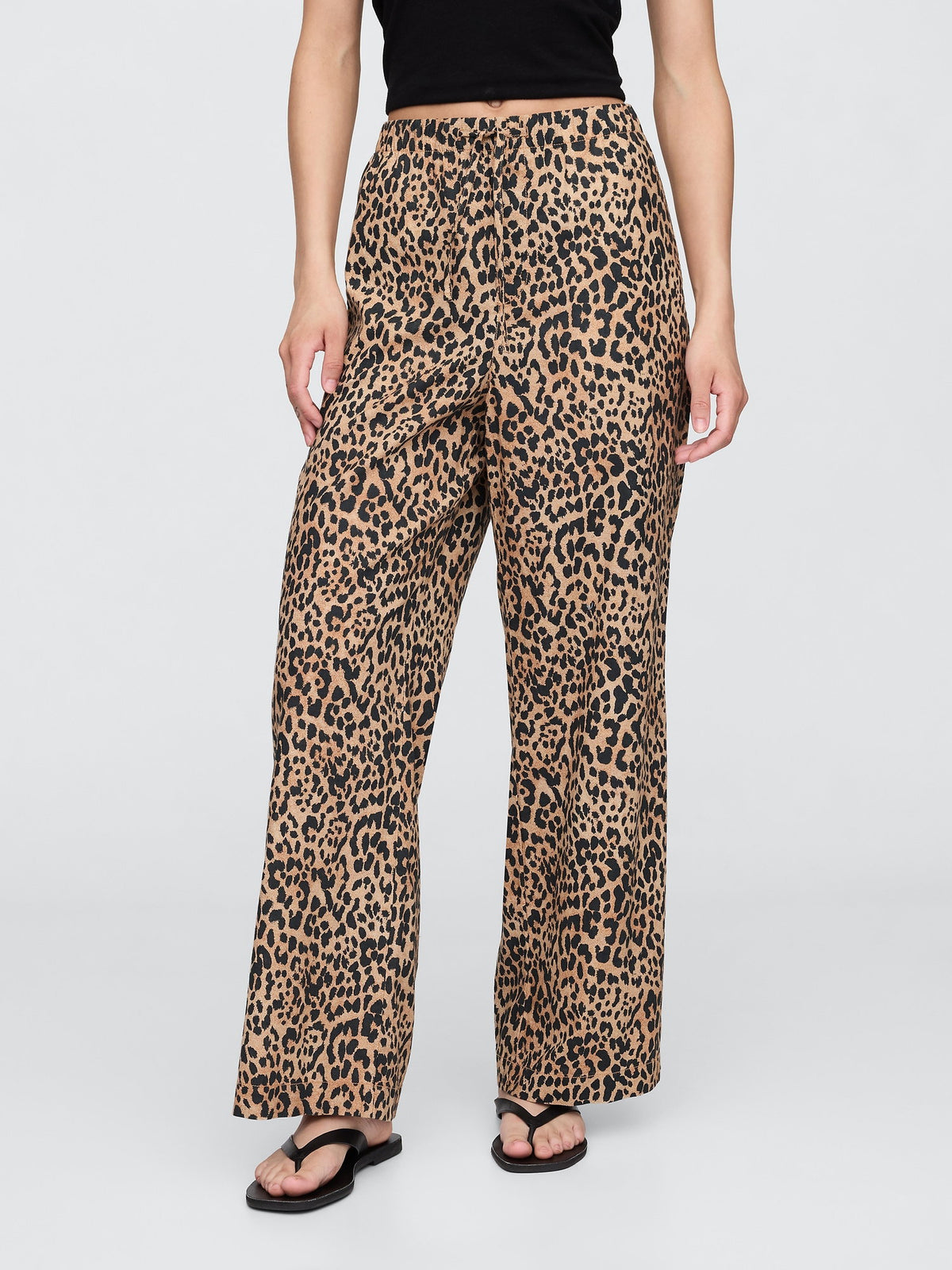 Kahverengi Mid Rise Keten Karışımlı Pull-on Wide-leg Pantolon