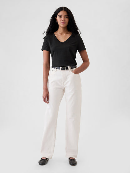 Siyah Organik Pamuk Vintage V Yaka T-shirt