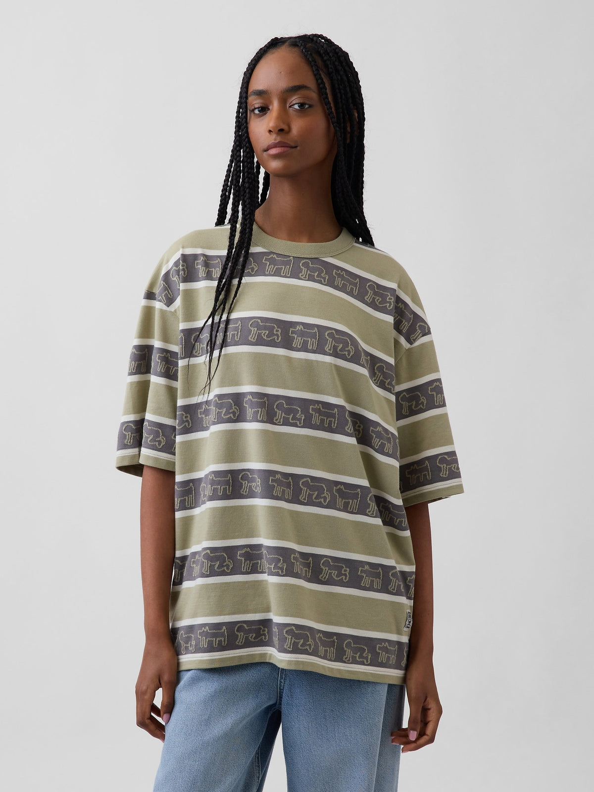 Haki Keith Haring Oversized Çizgili T-shirt