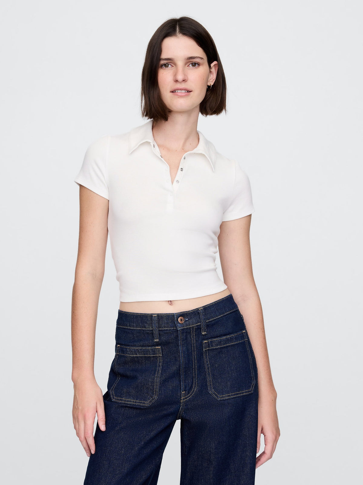 Beyaz Modern Fitilli Crop Polo T-shirt
