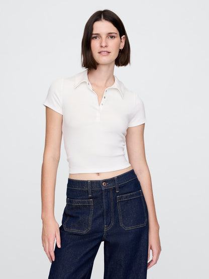 Beyaz Modern Fitilli Crop Polo T-shirt