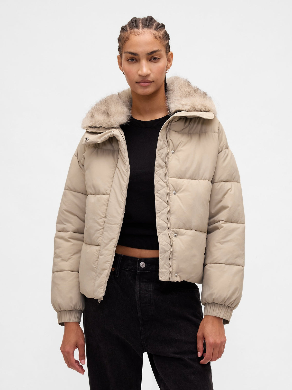 Bej Faux Fur-trim Puffer Şişme Mont