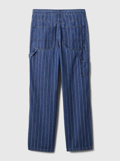 Koyu Mavi Mid Rise '90s Loose Çizgili Carpenter Jean Pantolon