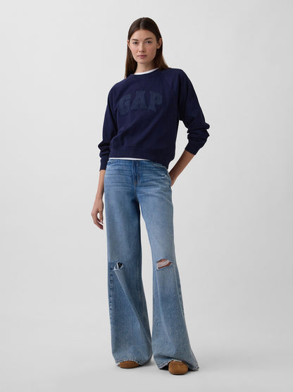 Siyah Fransız Havlu Kumaş Raglan Logo Sweatshirt
