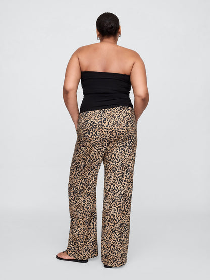 Kahverengi Mid Rise Keten Karışımlı Pull-on Wide-leg Pantolon