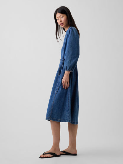 Mavi Denim Kemerli Midi Elbise