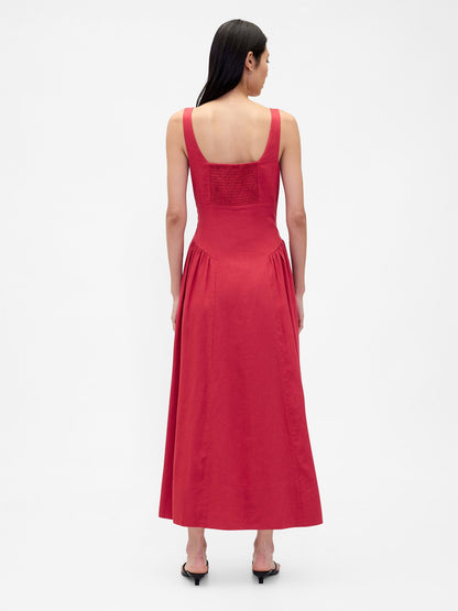 Kırmızı Keten Karışımı Shirred Maxi Elbise