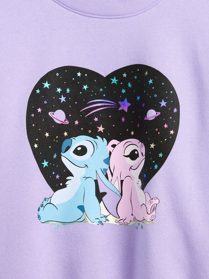 Mor Disney Lilo Ve Stitch Oversized Grafik Baskılı Sweatshirt