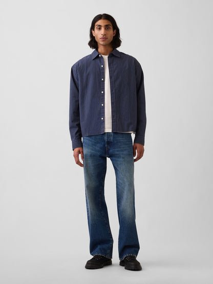 Koyu Mavi Relaxed Crop Straight-hem Oxford Gömlek