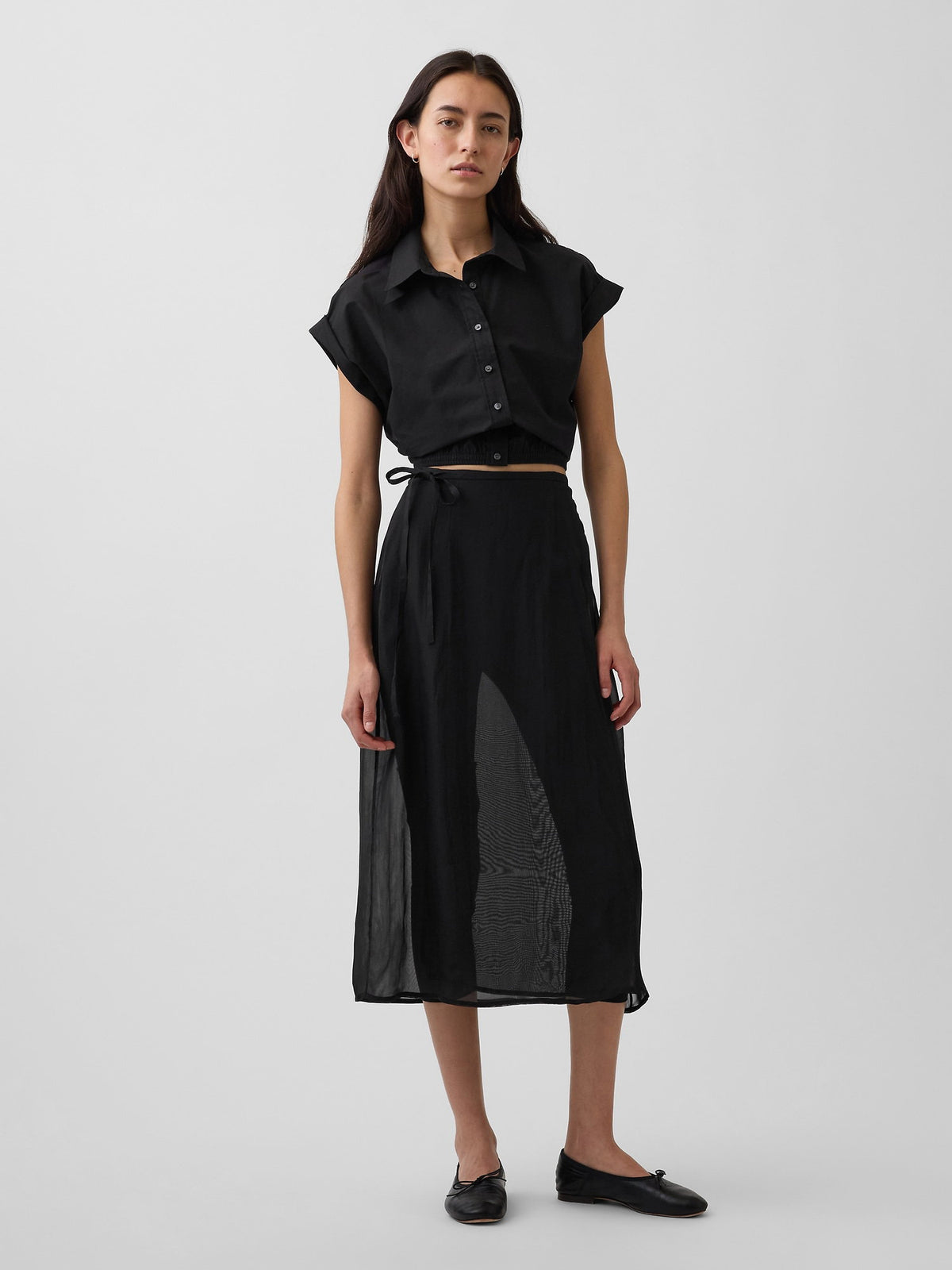 Siyah Poplin Cap-sleeve Crop Bluz