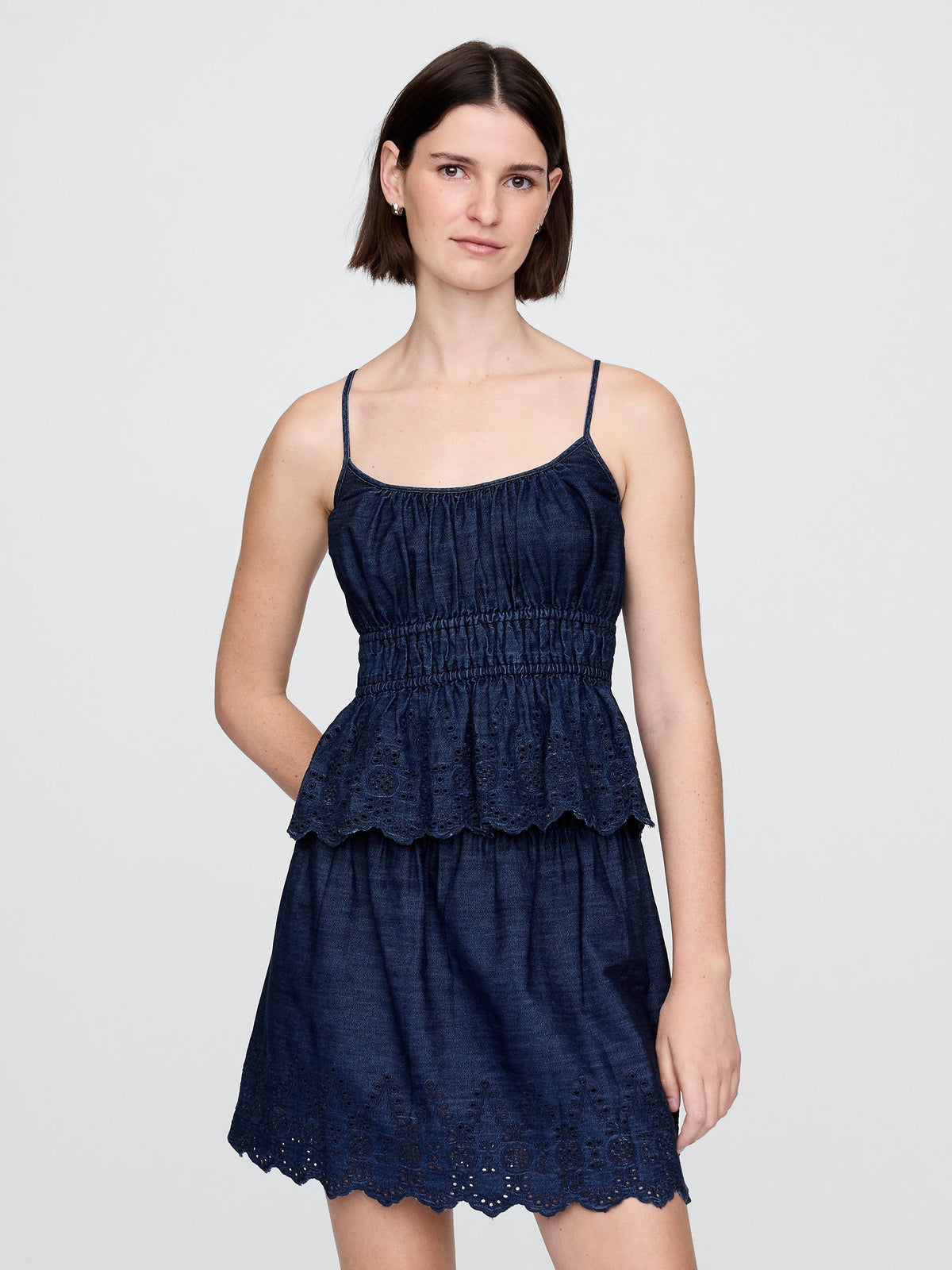 Lacivert Büzgülü Eyelet Denim Cami Bluz