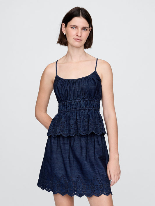 Lacivert Büzgülü Eyelet Denim Cami Bluz