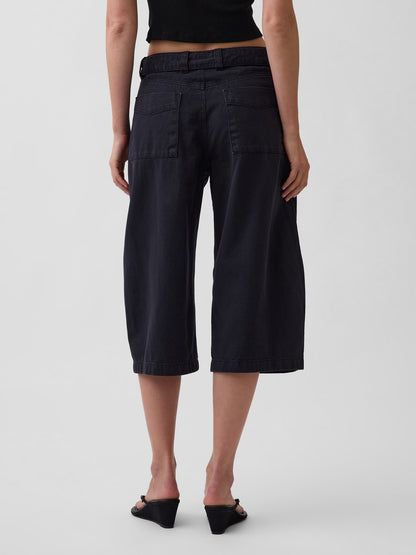 Siyah Mid Rise Kemerli Culotte Barrel Pantolon