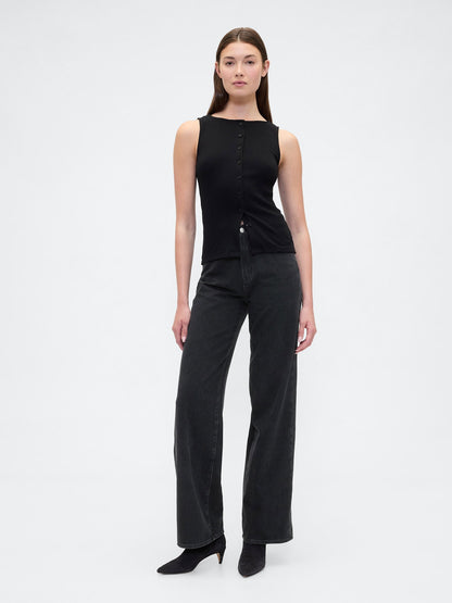 Siyah High Rise Wide-leg Jean Pantolon
