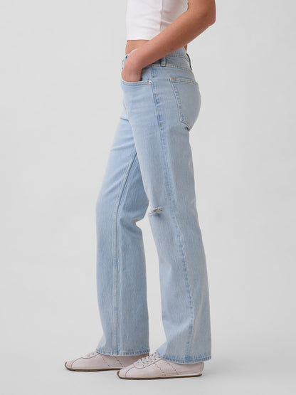 Açık Mavi Mid Rise Relaxed Straight Jean Pantolon