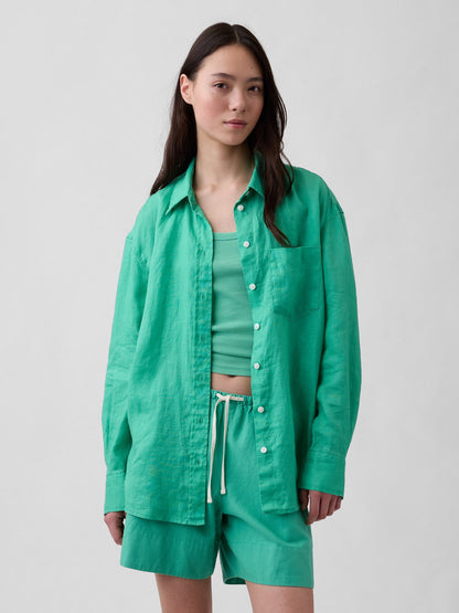 Açık Yeşil 100% Keten Oversize Gömlek
