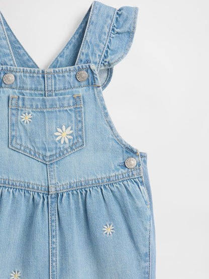 Açık Mavi Çiçek Işlemeli Denim Tulum