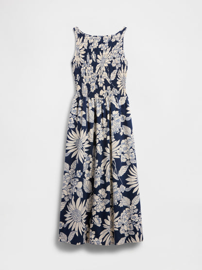 Beyaz Smocked Boatneck Maxi Elbise
