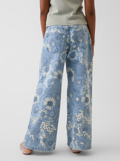 Mavi Low Rise Çiçekli Baggy Jean Pantolon