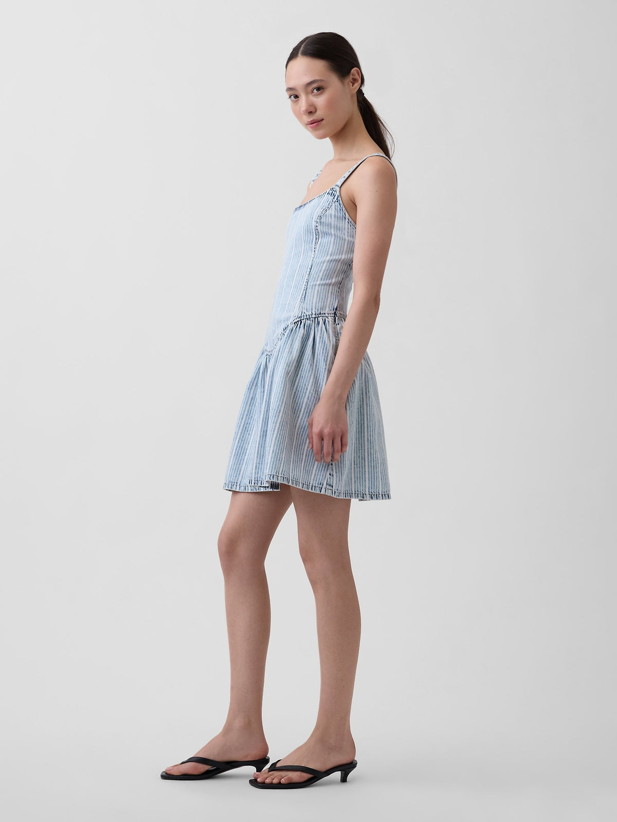 Açık Mavi Ultrasoft Denim Çizgili Drop-waist Mini Elbise