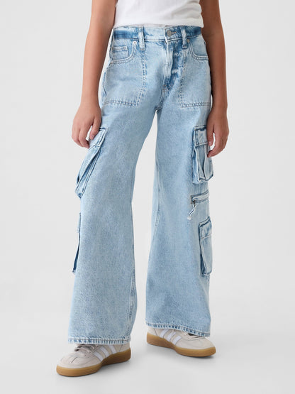 Açık Mavi Mid Rise Double Kargo Baggy Jean Pantolon