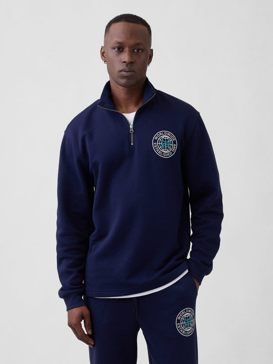 Lacivert Relaxed Gap Grafik Yarım Fermuarlı Sweatshirt