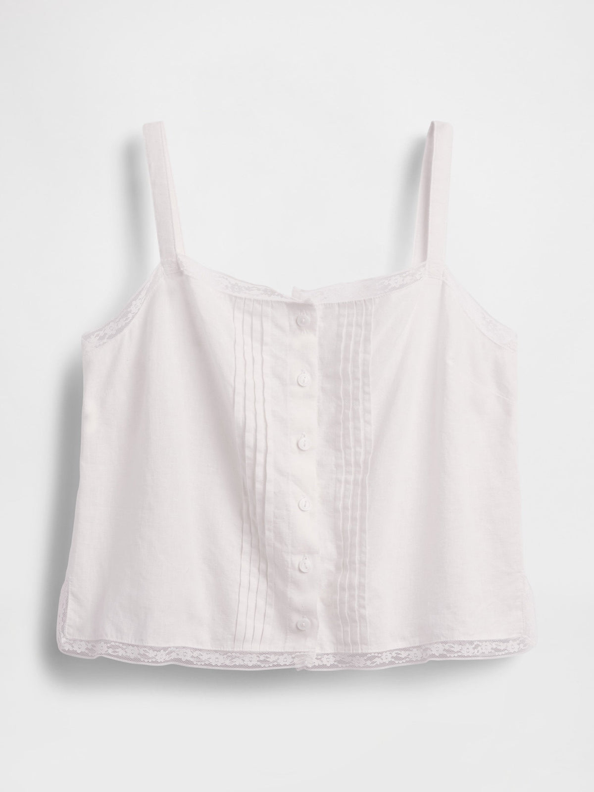 Beyaz Keten Karışımlı Pintuck Kısa Askılı Pijama Üstü