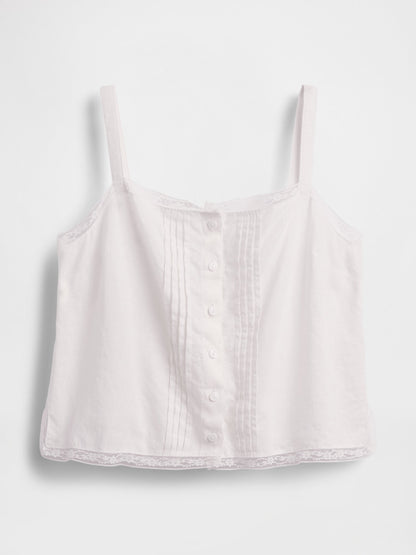 Beyaz Keten Karışımlı Pintuck Kısa Askılı Pijama Üstü