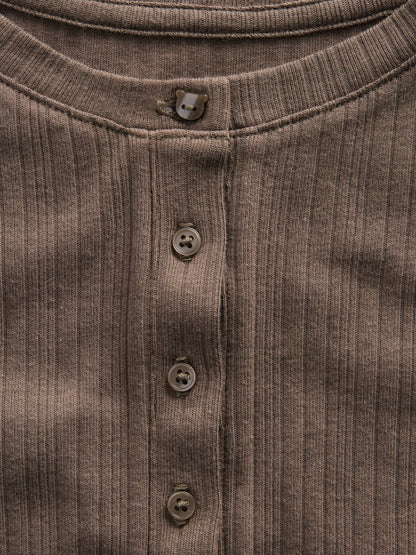 Açık Kahverengi Çizgili Fitilli Henley T-shirt