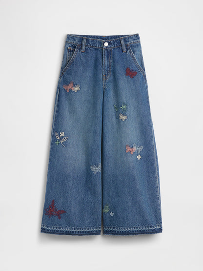 Mavi Low Rise Işlemeli Baggy Jean Pantolon
