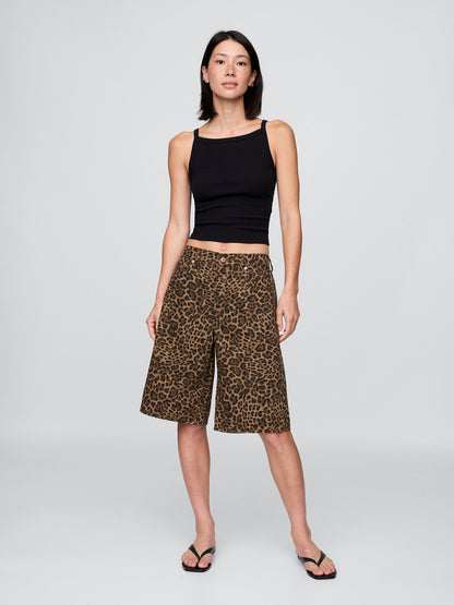 Kahverengi 11 Mid Rise Denim Leopar Longline Şort