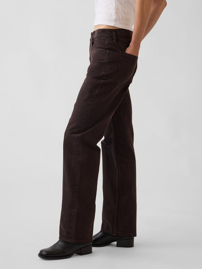 Kahverengi Mid Rise Straight Taper Jean Pantolon