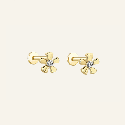 Petal Çiçek Figürlü Tek Taşlı Çift Kulak Altın Piercing