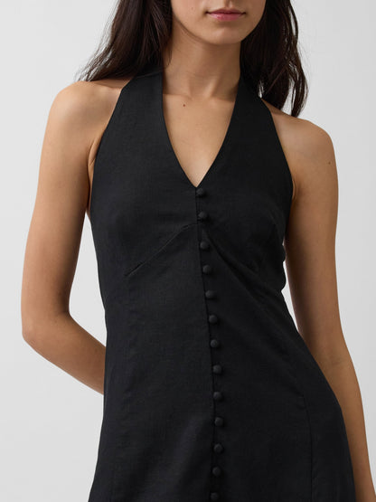 Siyah Keten Karışımlı Halter Maxi Elbise