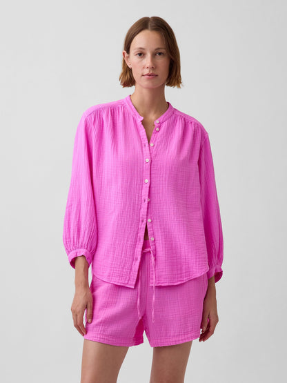 Pembe Pamuk Gauze Oversized Yakasız Gömlek