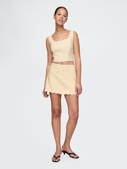Bej Keten Karışımlı Crop Askılı Bluz