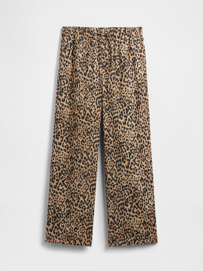 Kahverengi Mid Rise Keten Karışımlı Pull-on Wide-leg Pantolon