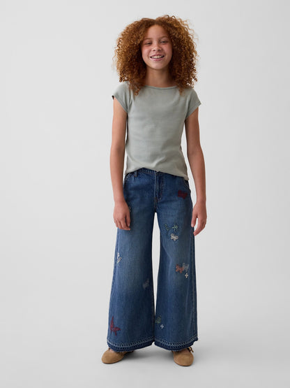 Mavi Low Rise Işlemeli Baggy Jean Pantolon