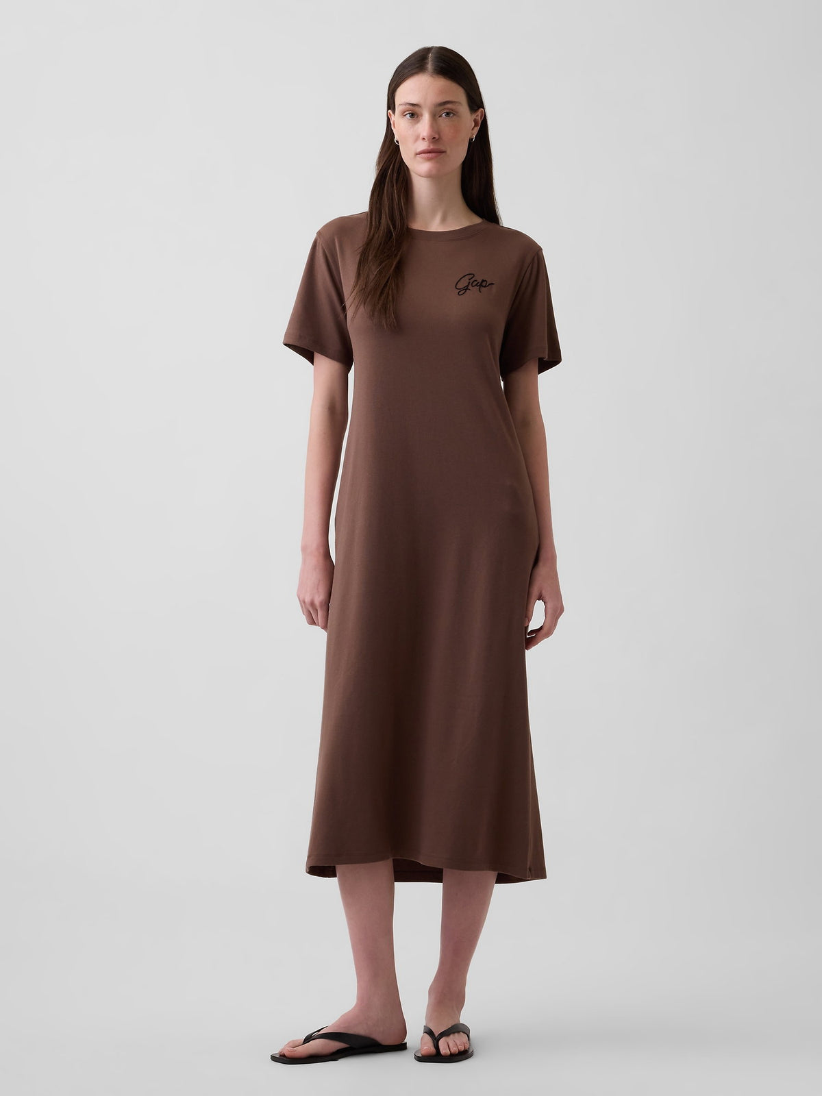 Kahverengi Relaxed Gap Logo Cutout T-shirt Midi Elbise