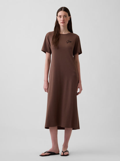 Kahverengi Relaxed Gap Logo Cutout T-shirt Midi Elbise