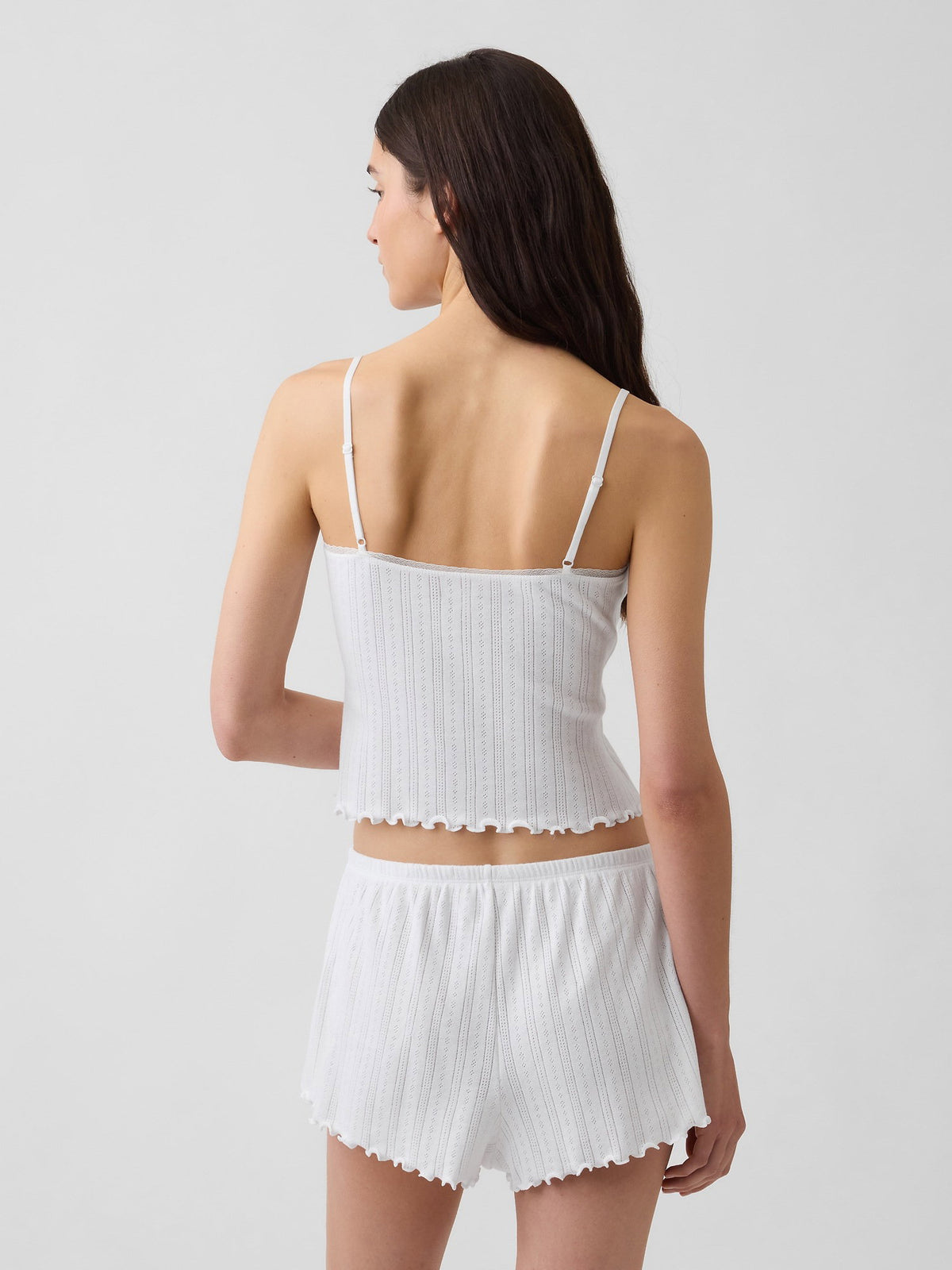 Beyaz Pointelle Lettuce-hem Crop Cami Pijama Üstü