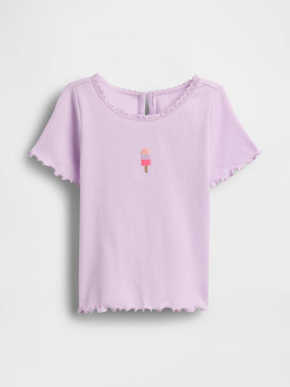 Lila Dondurma Işlemeli Fitilli T-shirt
