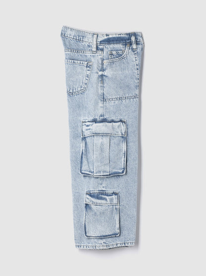 Açık Mavi Mid Rise Double Kargo Baggy Jean Pantolon
