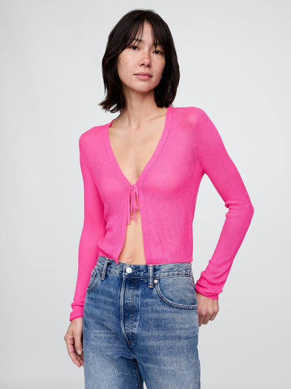Pembe Transparan Fitilli Bağcıklı Crop Triko Hırka
