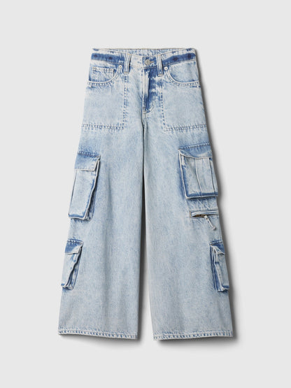 Açık Mavi Mid Rise Double Kargo Baggy Jean Pantolon