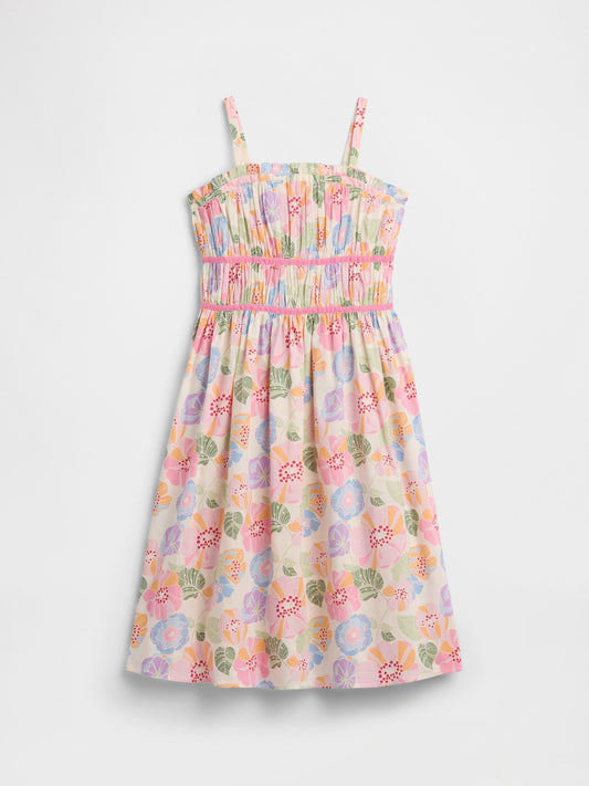 Çok Renkli Baskılı Smocked Midi Elbise