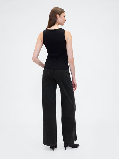 Siyah High Rise Wide-leg Jean Pantolon