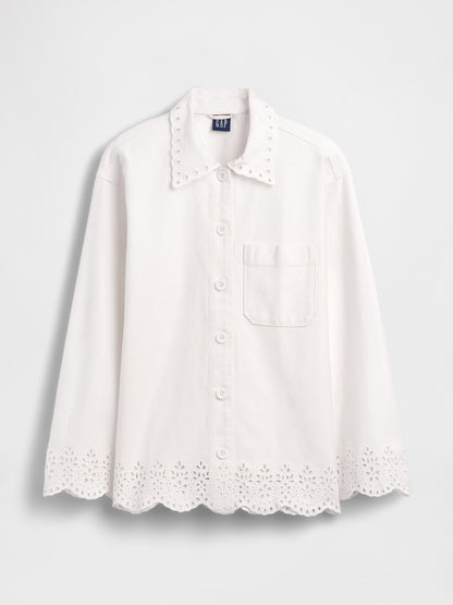 Beyaz Eyelet Hem Relaxed Gömlek Ceket